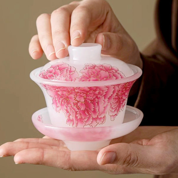 Ice-type glazed three-talented cover bowl, light luxury peony tea cup
