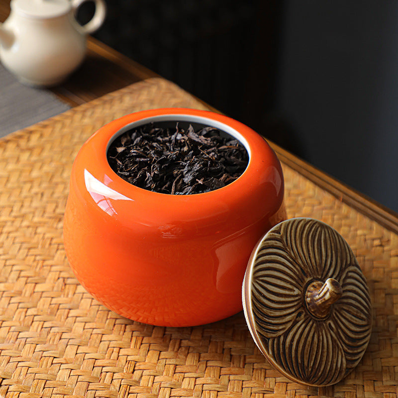 Ceramic tea can, persimmon ruyi jar