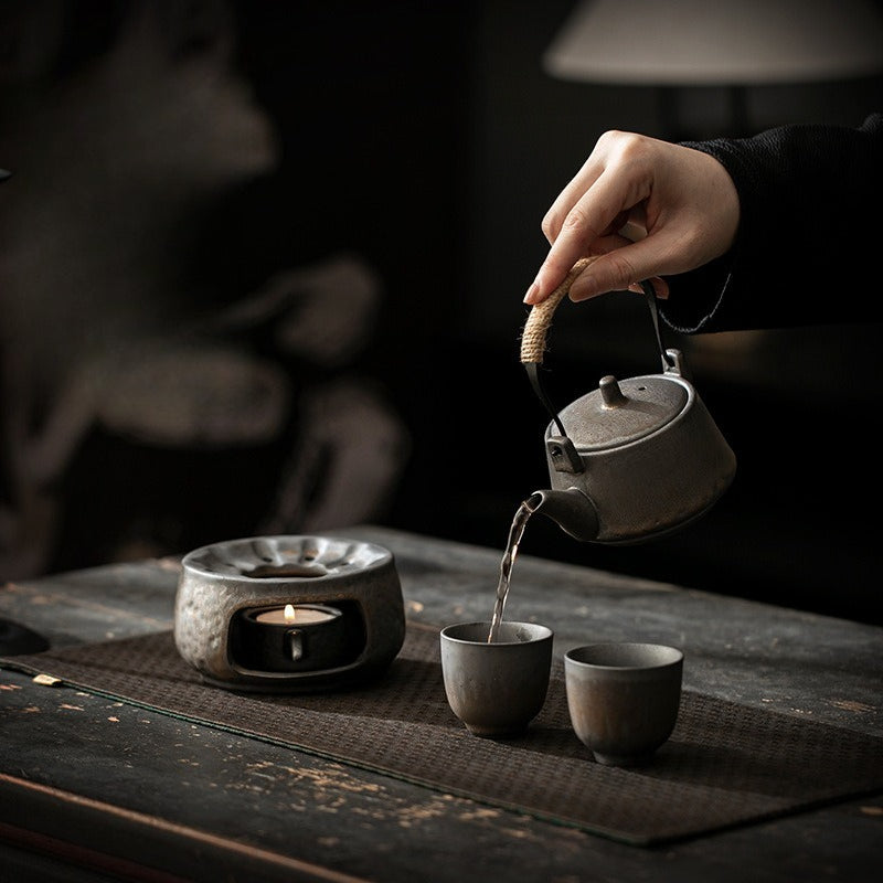 Chinese Gilded Gongfu Teapot Set Retro Style with Heating Warmer