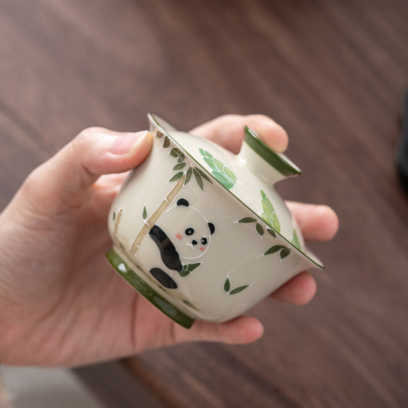 Grass and wood ash hand-painted cute panda Ercai cover bowl, underglaze color Chinese tea bowl