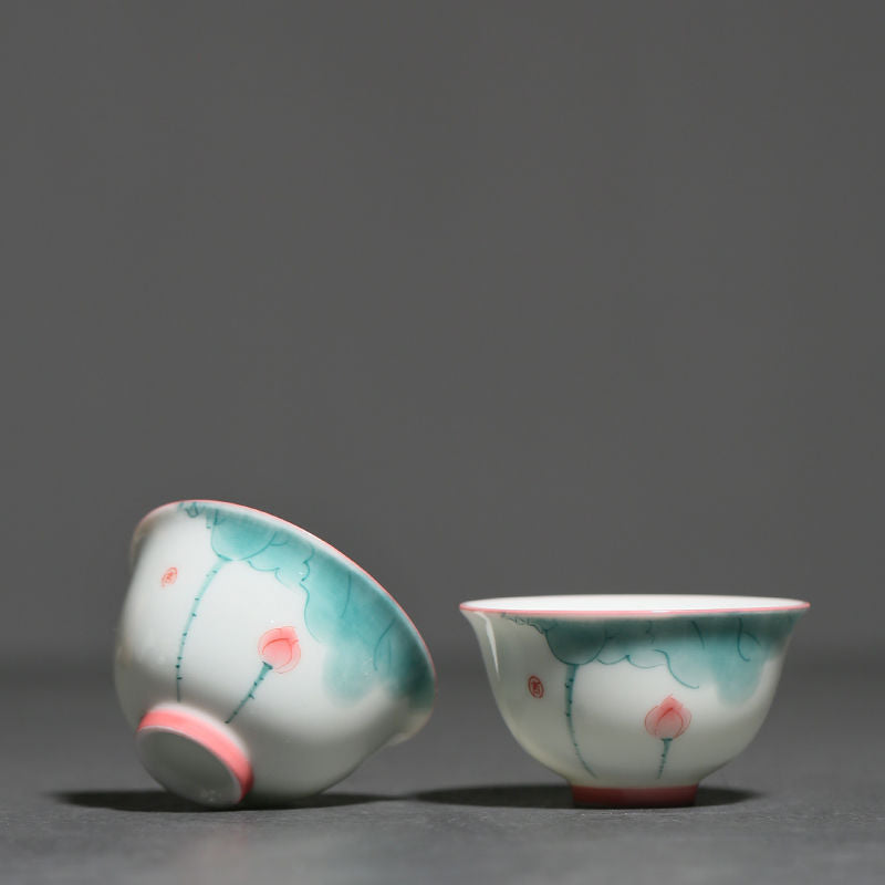 Hand-painted lotus tea cup, underglaze color ceramic Kung Fu tea cup