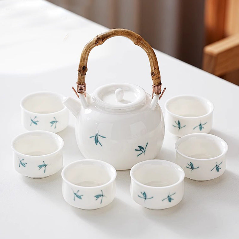 Suet jade hand-painted magnolia flower jacquard pot, ceramic kung fu tea set