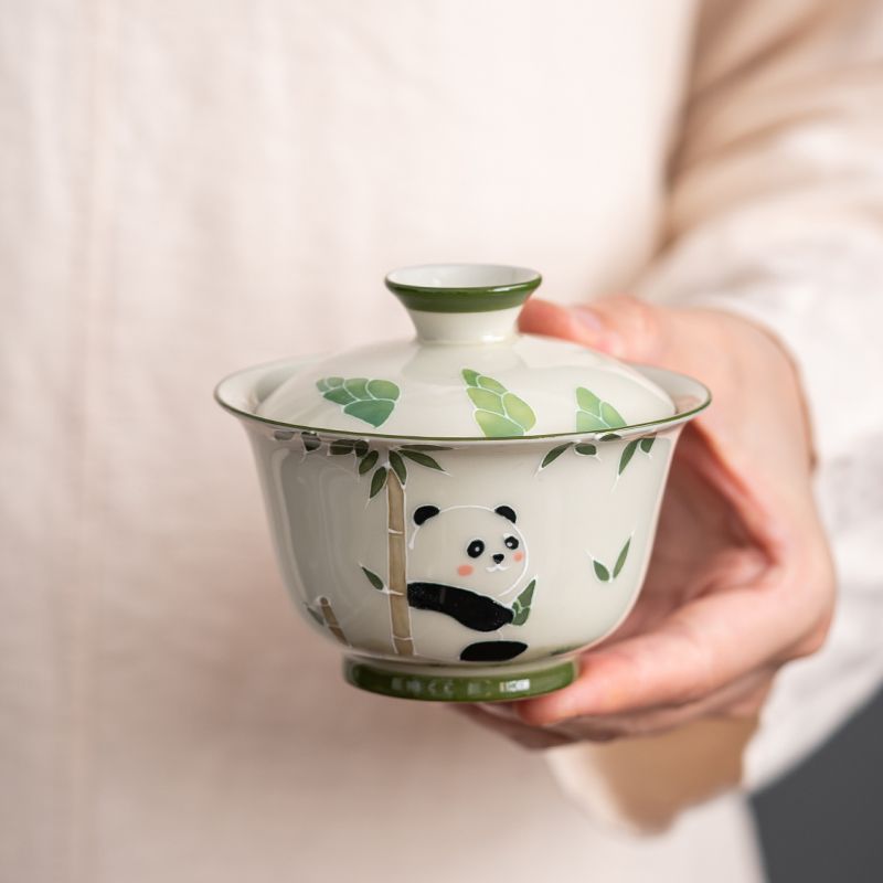Grass and wood ash hand-painted cute panda Ercai cover bowl, underglaze color Chinese tea bowl