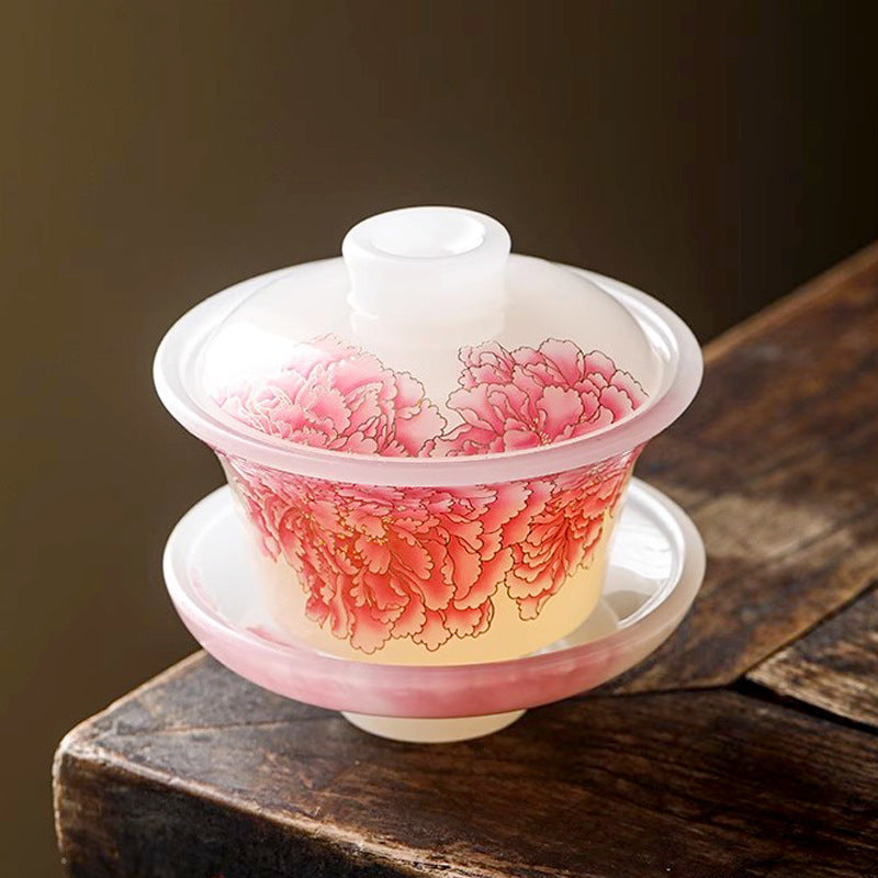 Ice-type glazed three-talented cover bowl, light luxury peony tea cup