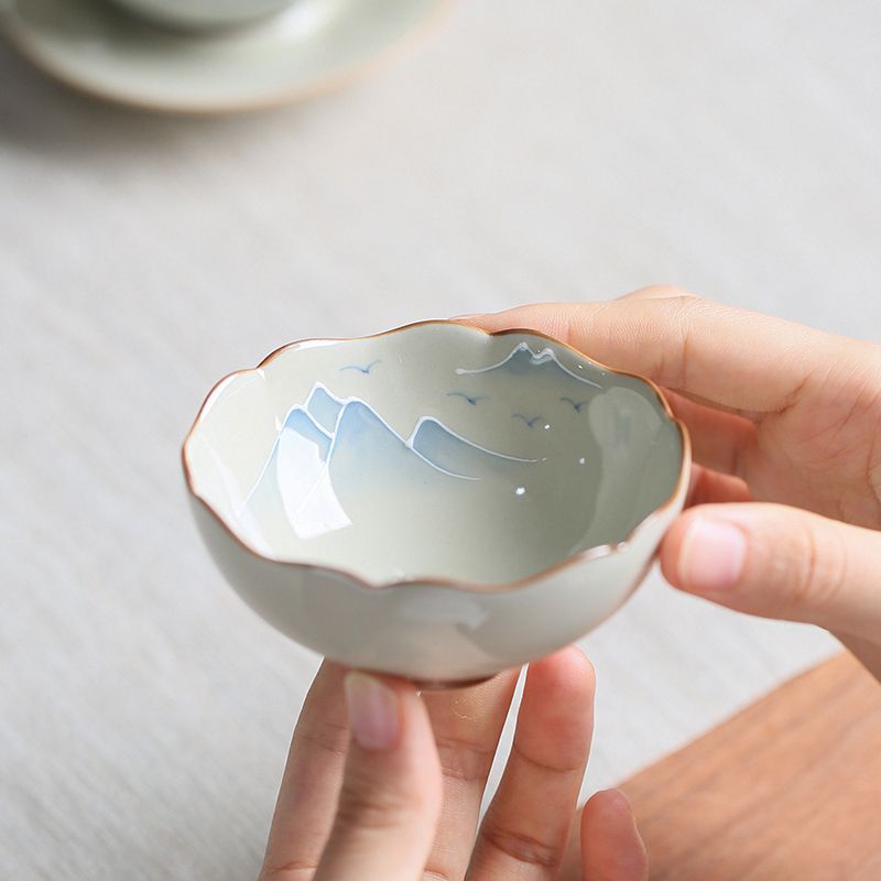 Ceramic master cup, grass and wood ash hand-painted Zen landscape