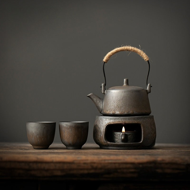 Chinese Gilded Gongfu Teapot Set Retro Style with Heating Warmer
